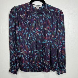 Lauren Alexandra Vintage Silk Feather Print Blouse Top Size 8P